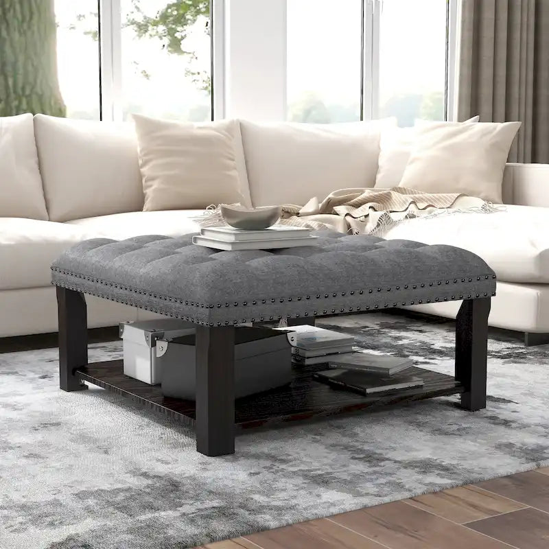 Square Cocktail Ottoman Linen Tufted Nailhead Trim Bottom Shelf 150 lb 35.5W Grey Beige