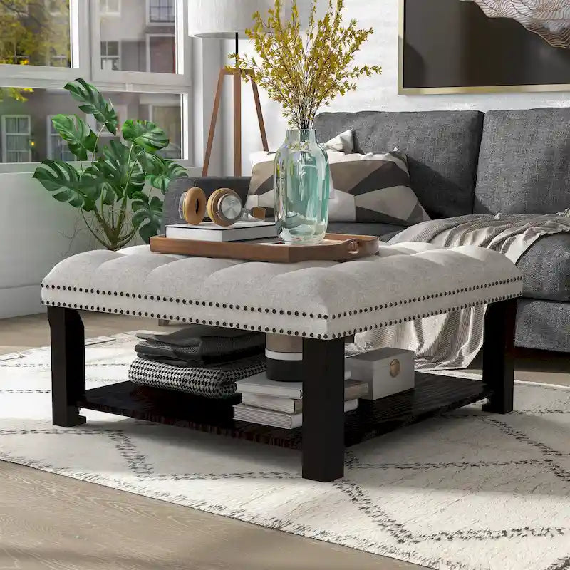 Square Cocktail Ottoman Linen Tufted Nailhead Trim Bottom Shelf 150 lb 35.5W Grey Beige
