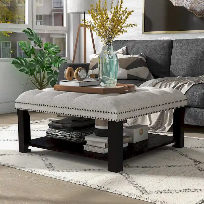 Square Cocktail Ottoman Linen Tufted Nailhead Trim Bottom Shelf 150 lb 35.5W Grey Beige