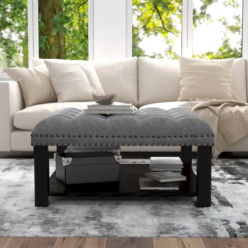 Square Cocktail Ottoman Linen Tufted Nailhead Trim Bottom Shelf 150 lb 35.5W Grey Beige