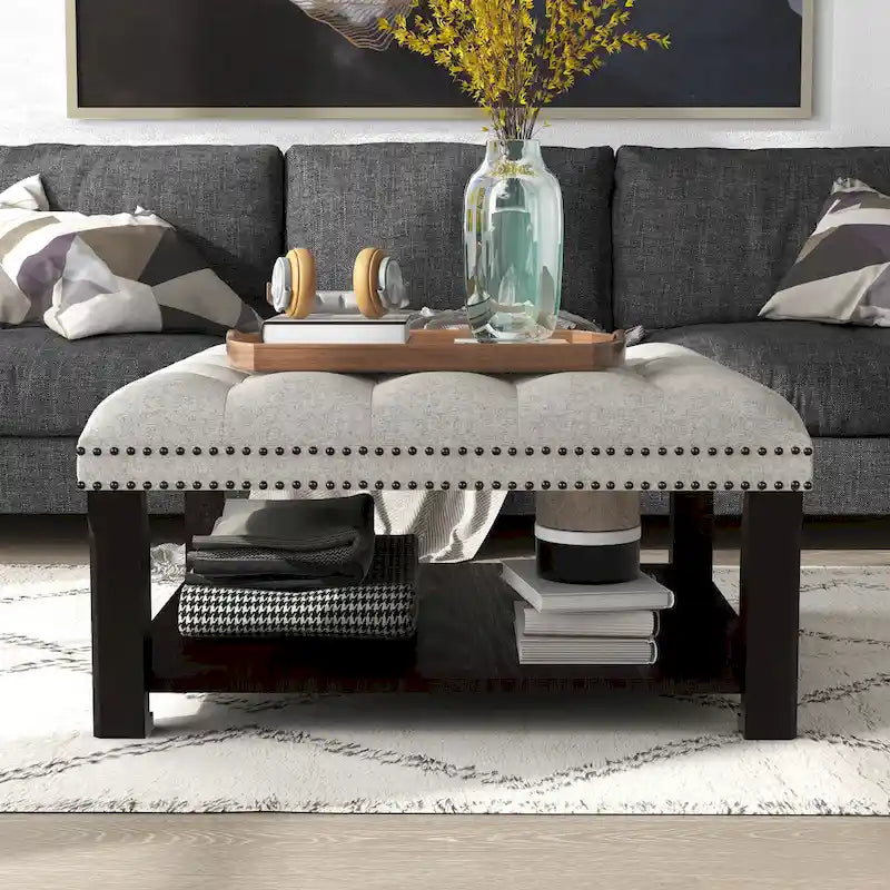 Square Cocktail Ottoman Linen Tufted Nailhead Trim Bottom Shelf 150 lb 35.5W Grey Beige
