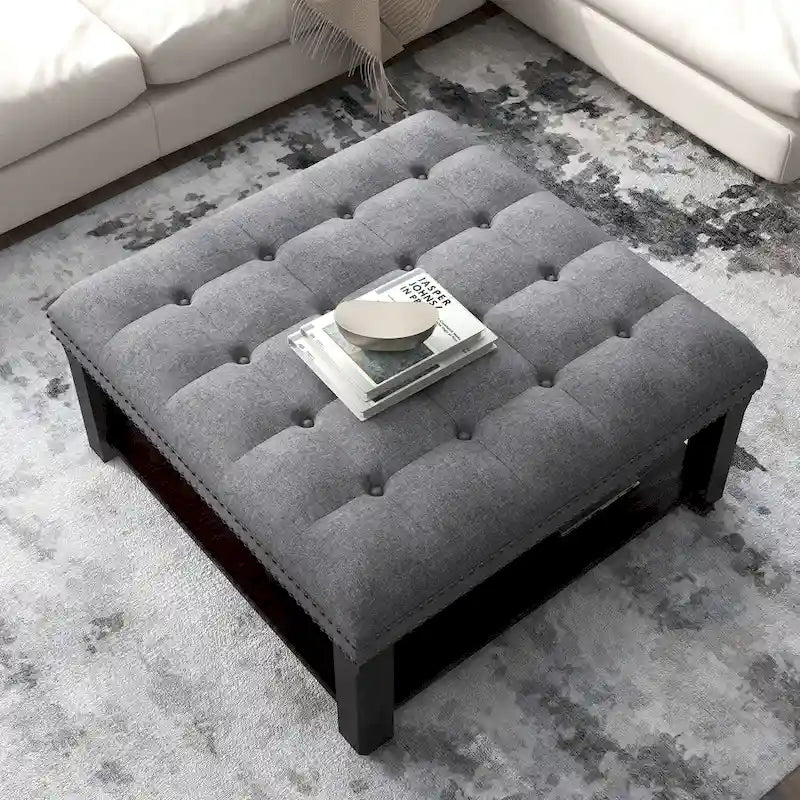 Square Cocktail Ottoman Linen Tufted Nailhead Trim Bottom Shelf 150 lb 35.5W Grey Beige