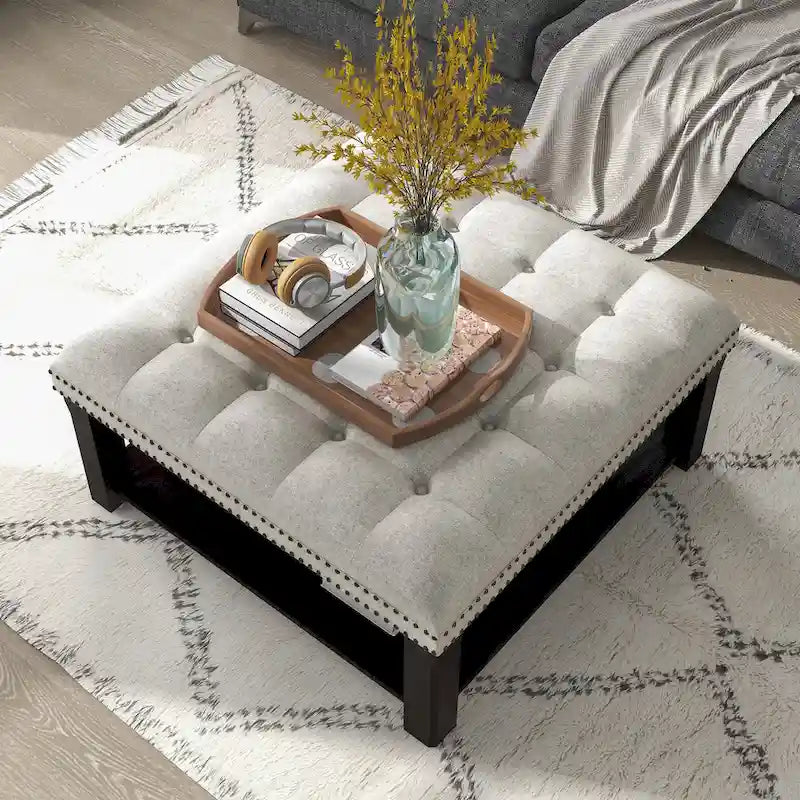 Square Cocktail Ottoman Linen Tufted Nailhead Trim Bottom Shelf 150 lb 35.5W Grey Beige