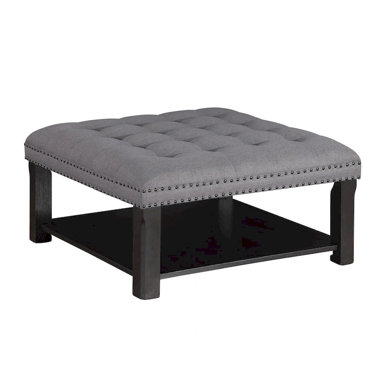 Square Cocktail Ottoman Linen Tufted Nailhead Trim Bottom Shelf 150 lb 35.5W Grey Beige