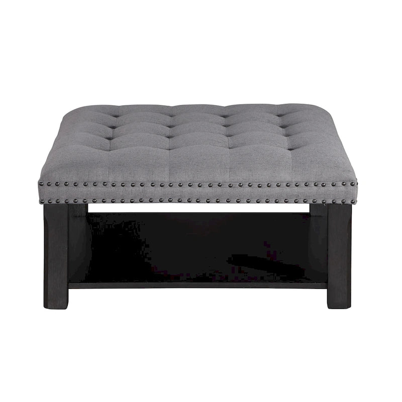 Square Cocktail Ottoman Linen Tufted Nailhead Trim Bottom Shelf 150 lb 35.5W Grey Beige