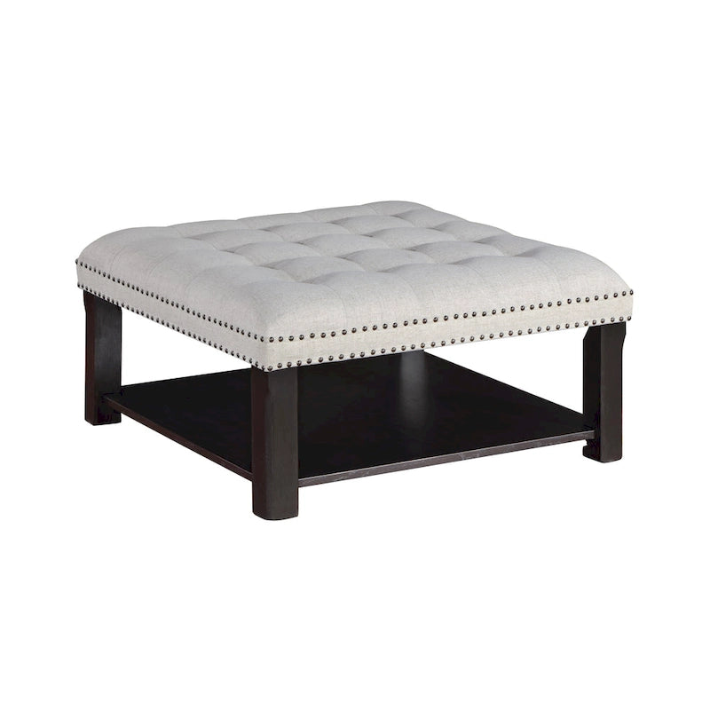 Square Cocktail Ottoman Linen Tufted Nailhead Trim Bottom Shelf 150 lb 35.5W Grey Beige