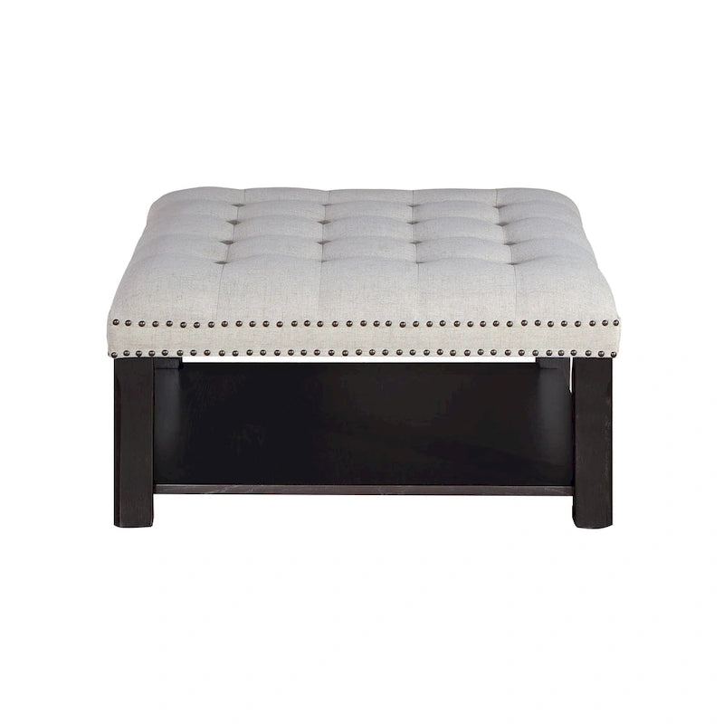 Square Cocktail Ottoman Linen Tufted Nailhead Trim Bottom Shelf 150 lb 35.5W Grey Beige