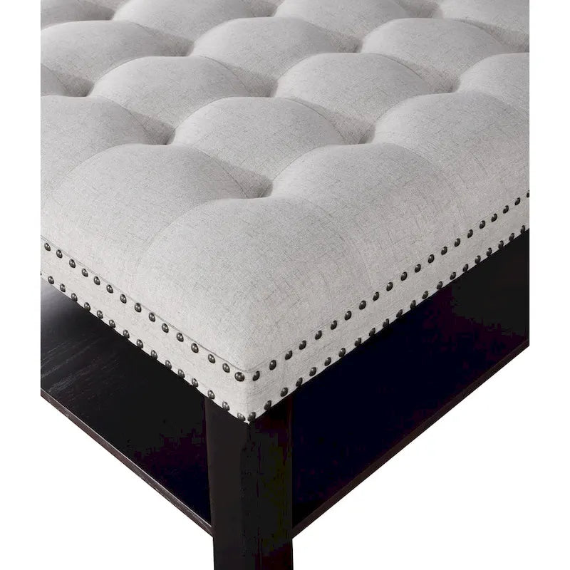 Square Cocktail Ottoman Linen Tufted Nailhead Trim Bottom Shelf 150 lb 35.5W Grey Beige