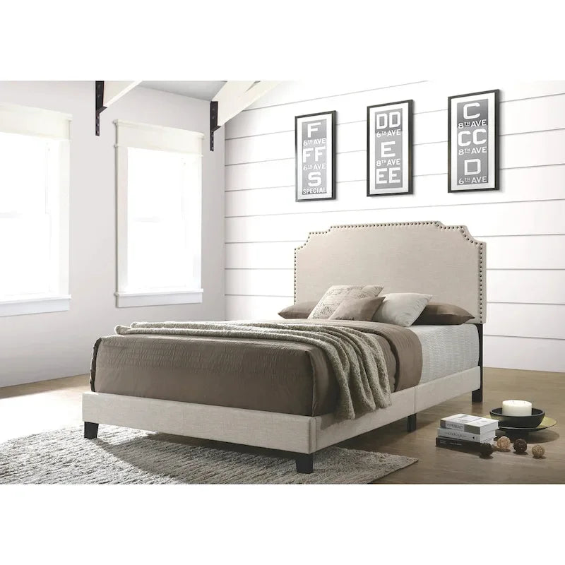 Upholstered Platform Bed Arched Headboard Nailhead Trim Solid Wood Frame Full Queen King