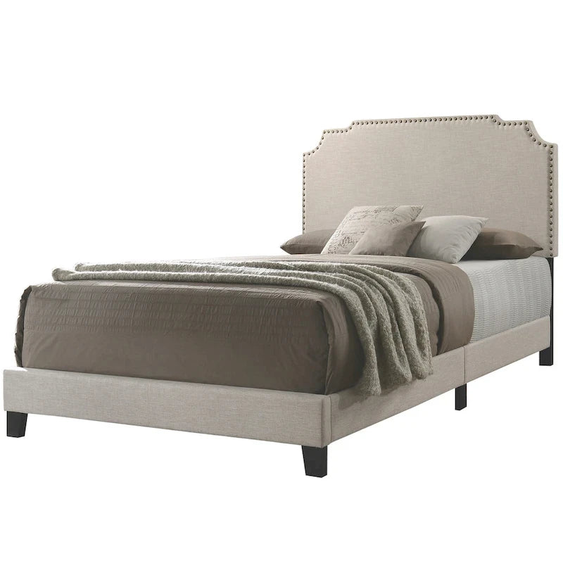 Upholstered Platform Bed Arched Headboard Nailhead Trim Solid Wood Frame Full Queen King