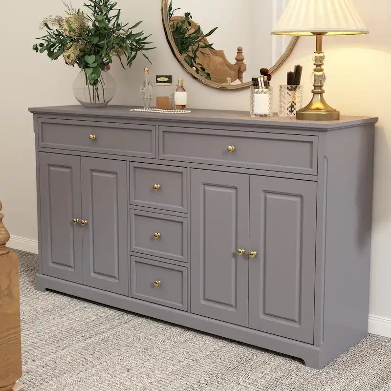 Modern Lacquered Dresser Sideboard 5 Drawers 4-Door Side Cabinet White Grey Black