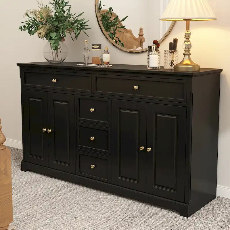 Modern Lacquered Dresser Sideboard 5 Drawers 4-Door Side Cabinet White Grey Black