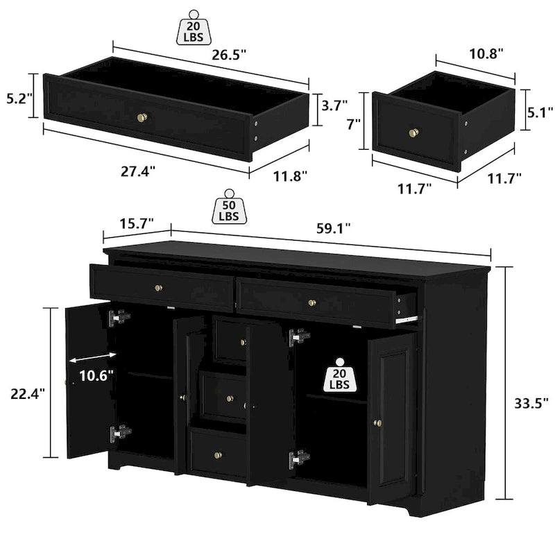 Credenza moderna laccata, 5 cassetti, 4 ante, mobile laterale, bianca, grigia, nera
