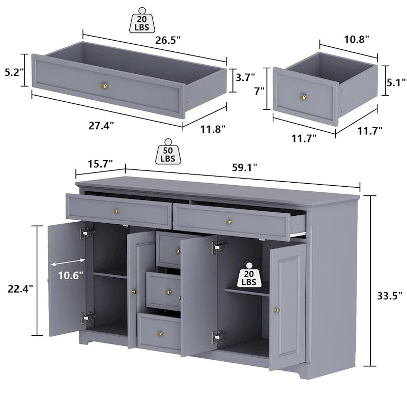 Credenza moderna laccata, 5 cassetti, 4 ante, mobile laterale, bianca, grigia, nera