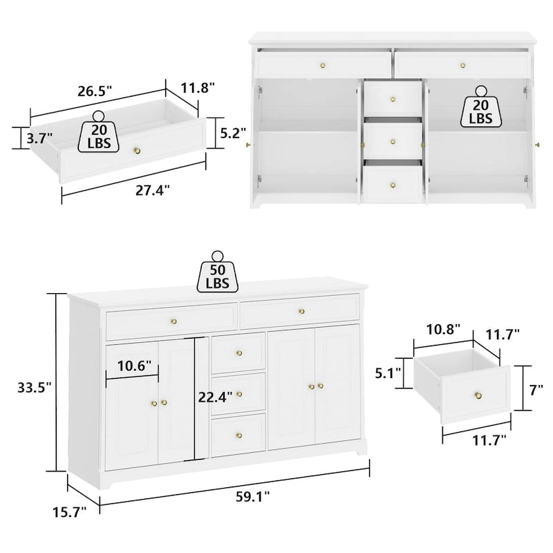 Credenza moderna laccata, 5 cassetti, 4 ante, mobile laterale, bianca, grigia, nera