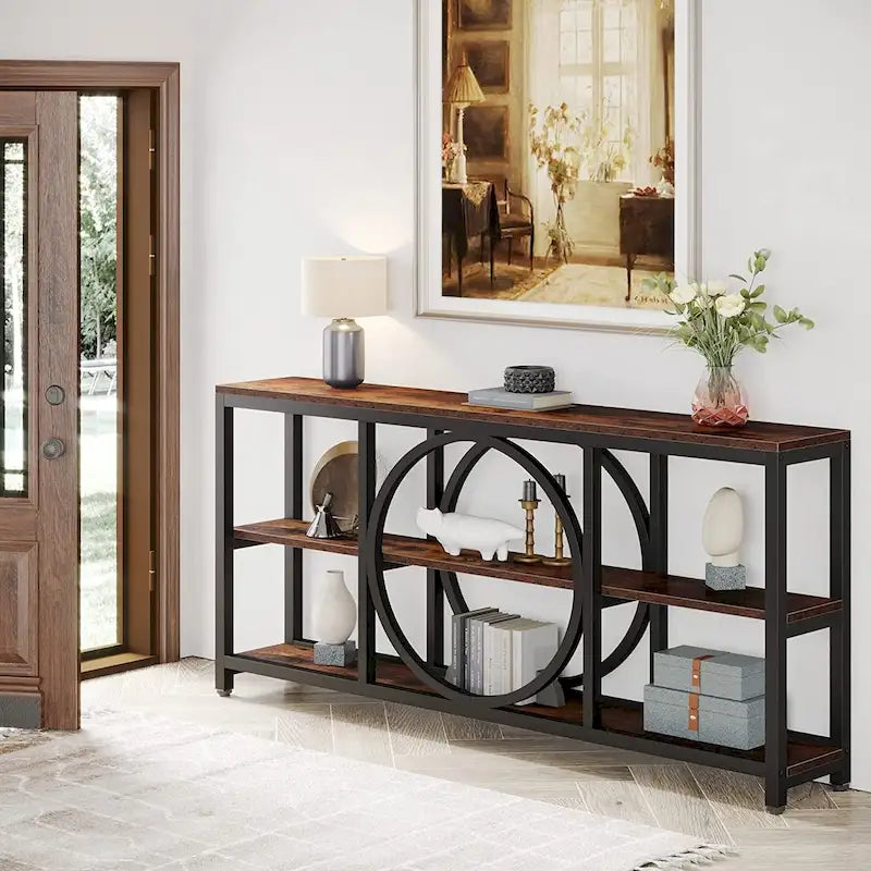 70.9 in. Industrial Sofa Console Table 3-Tier Shelves Circle Metal Frame Grey Brown Walnut White