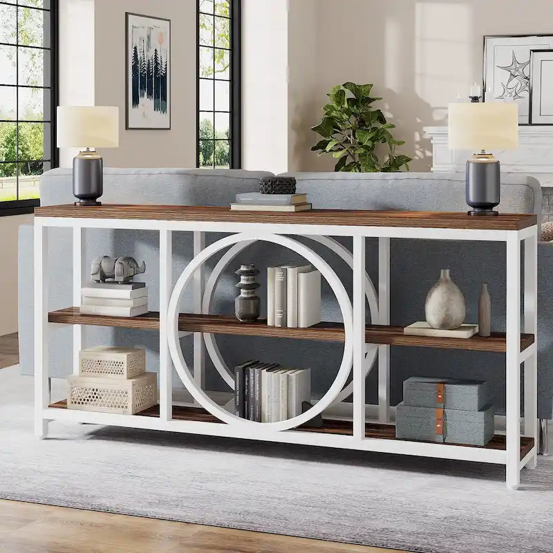 70.9 in. Industrial Sofa Console Table 3-Tier Shelves Circle Metal Frame Grey Brown Walnut White