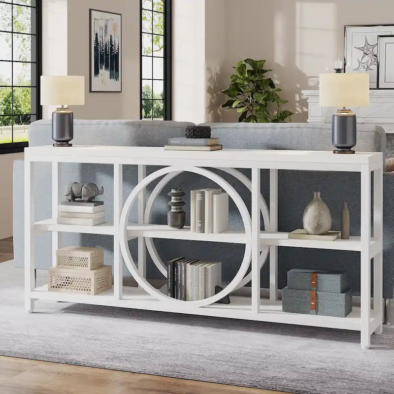 70.9 in. Industrial Sofa Console Table 3-Tier Shelves Circle Metal Frame Grey Brown Walnut White