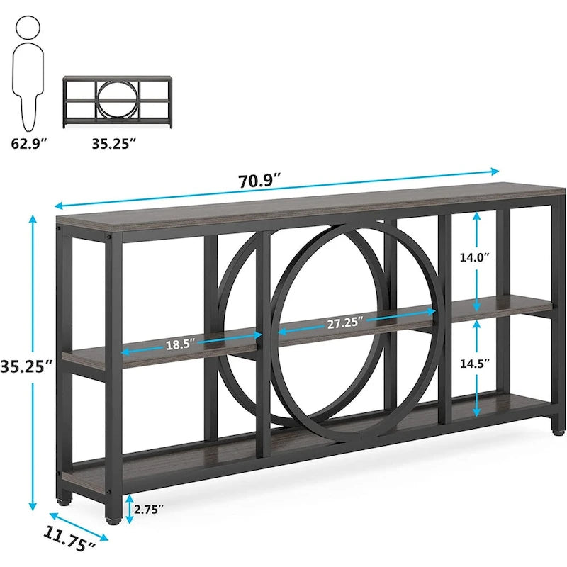 70.9 in. Industrial Sofa Console Table 3-Tier Shelves Circle Metal Frame Grey Brown Walnut White