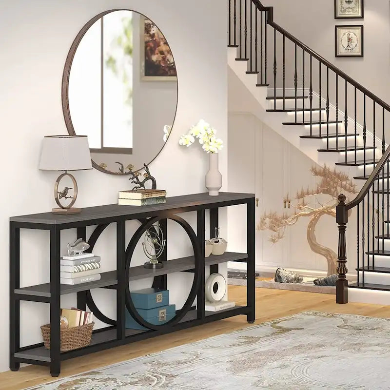 70.9 in. Industrial Sofa Console Table 3-Tier Shelves Circle Metal Frame Grey Brown Walnut White