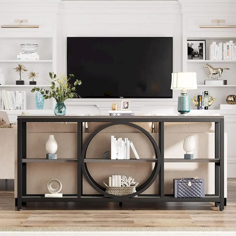 70.9 in. Industrial Sofa Console Table 3-Tier Shelves Circle Metal Frame Grey Brown Walnut White