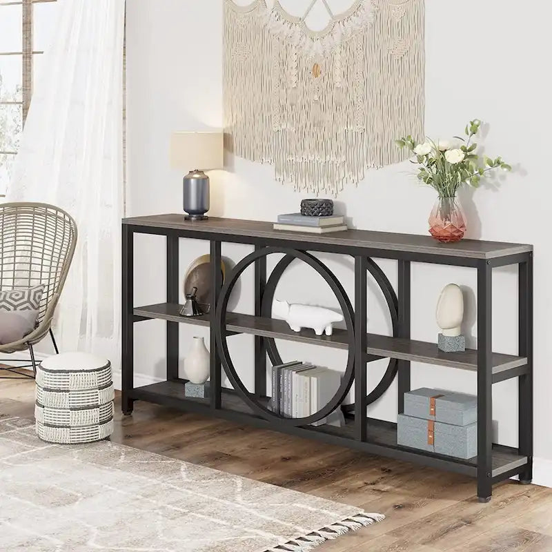 70.9 in. Industrial Sofa Console Table 3-Tier Shelves Circle Metal Frame Grey Brown Walnut White