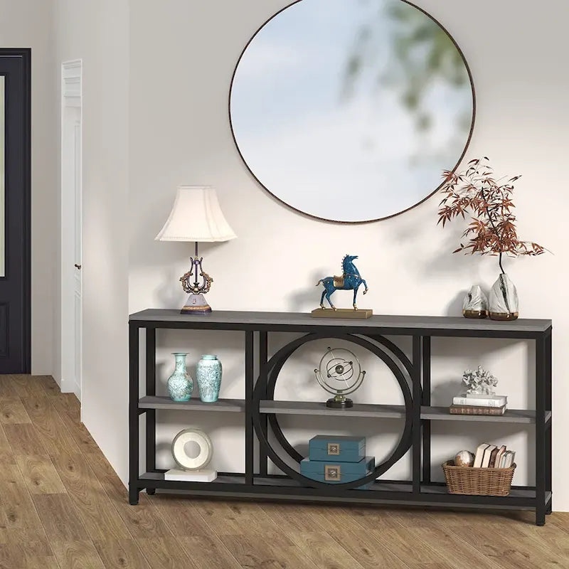 70.9 in. Industrial Sofa Console Table 3-Tier Shelves Circle Metal Frame Grey Brown Walnut White