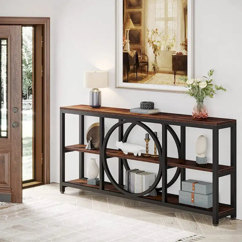 70.9 in. Industrial Sofa Console Table 3-Tier Shelves Circle Metal Frame Grey Brown Walnut White
