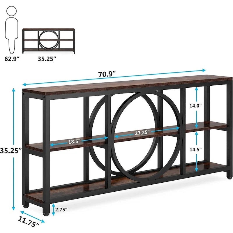 70.9 in. Industrial Sofa Console Table 3-Tier Shelves Circle Metal Frame Grey Brown Walnut White