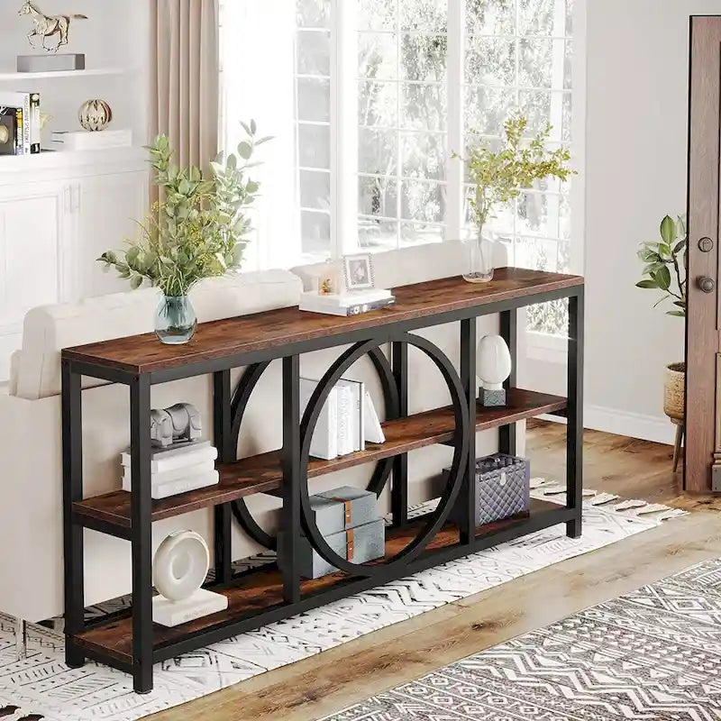 70.9 in. Industrial Sofa Console Table 3-Tier Shelves Circle Metal Frame Grey Brown Walnut White