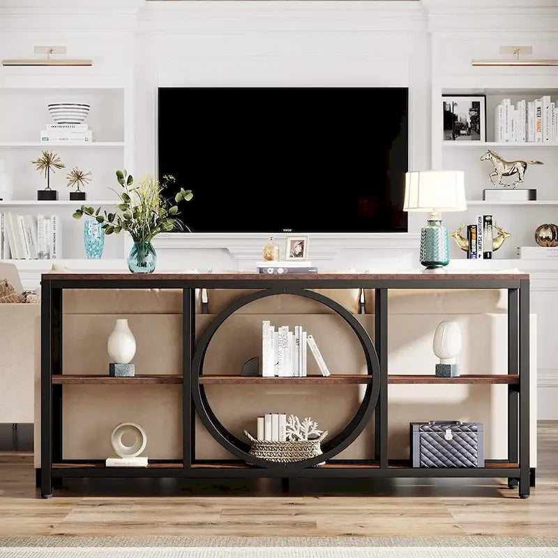 70.9 in. Industrial Sofa Console Table 3-Tier Shelves Circle Metal Frame Grey Brown Walnut White