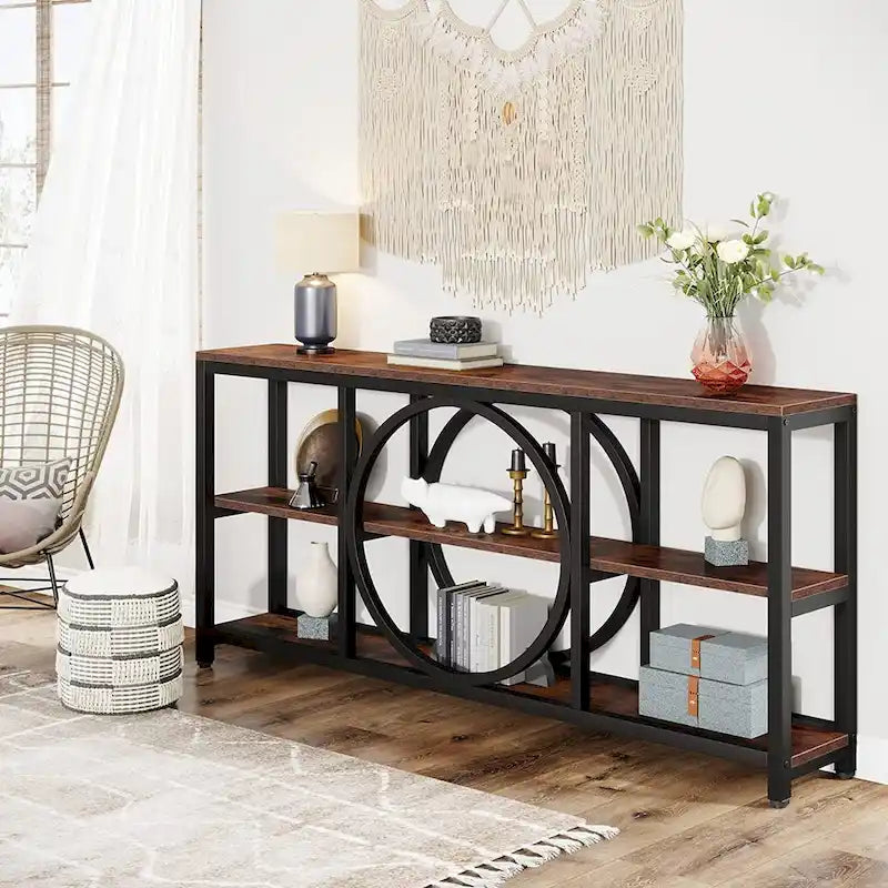 70.9 in. Industrial Sofa Console Table 3-Tier Shelves Circle Metal Frame Grey Brown Walnut White