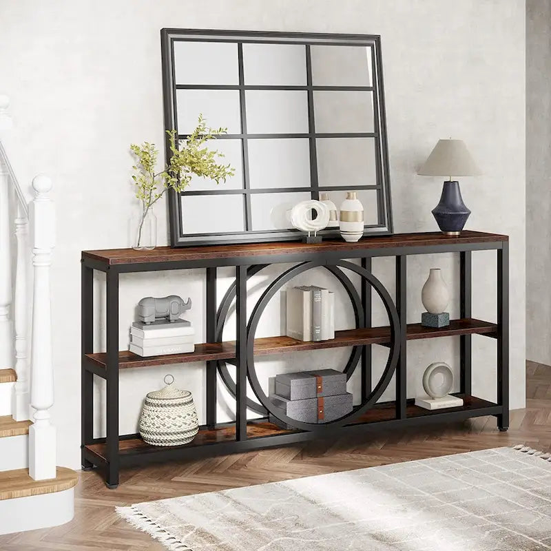 70.9 in. Industrial Sofa Console Table 3-Tier Shelves Circle Metal Frame Grey Brown Walnut White