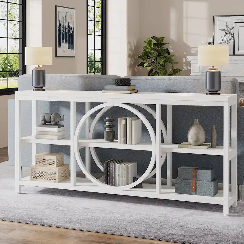 70.9 in. Industrial Sofa Console Table 3-Tier Shelves Circle Metal Frame Grey Brown Walnut White