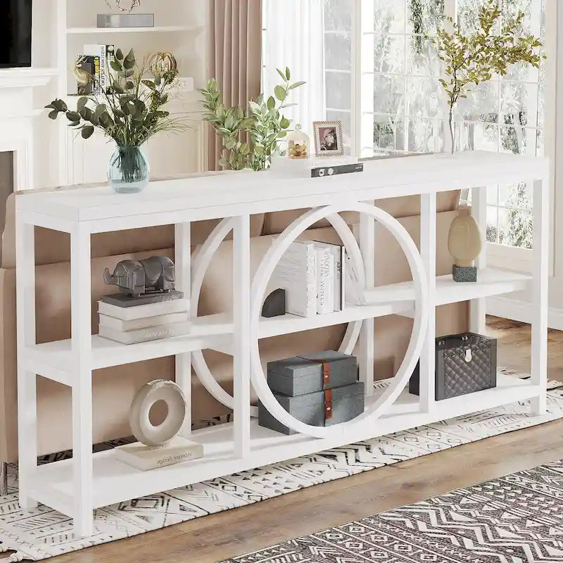 70.9 in. Industrial Sofa Console Table 3-Tier Shelves Circle Metal Frame Grey Brown Walnut White