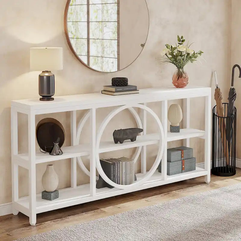70.9 in. Industrial Sofa Console Table 3-Tier Shelves Circle Metal Frame Grey Brown Walnut White