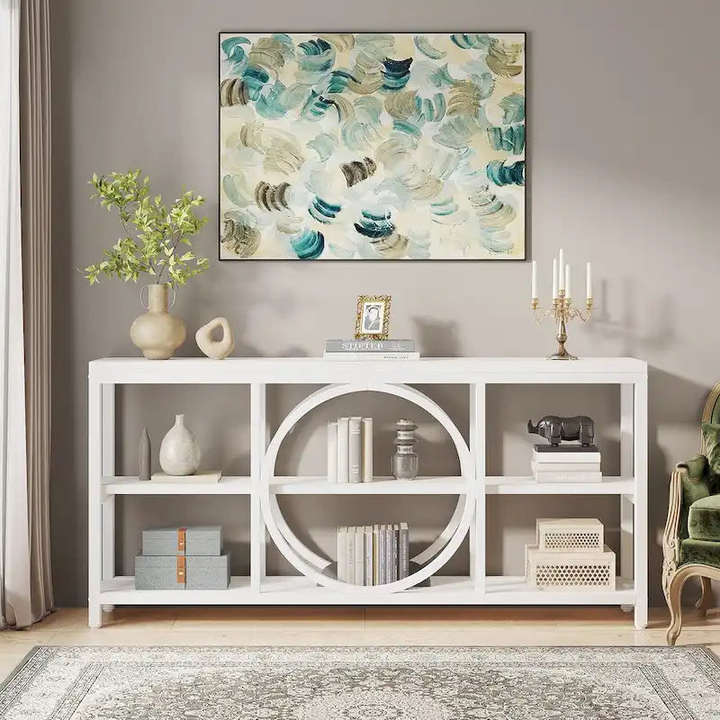 70.9 in. Industrial Sofa Console Table 3-Tier Shelves Circle Metal Frame Grey Brown Walnut White