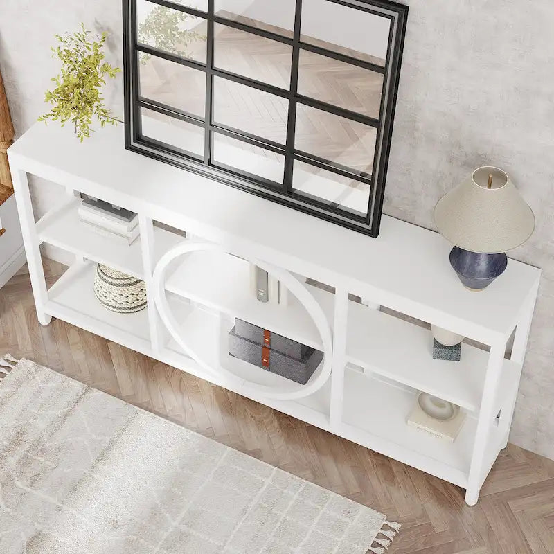 70.9 in. Industrial Sofa Console Table 3-Tier Shelves Circle Metal Frame Grey Brown Walnut White