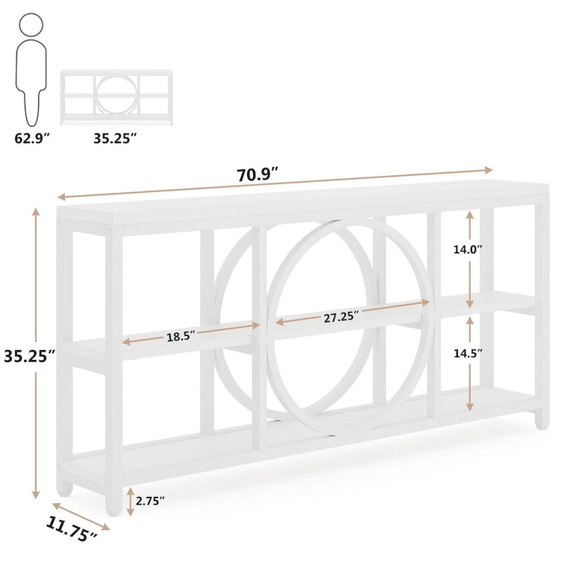 70.9 in. Industrial Sofa Console Table 3-Tier Shelves Circle Metal Frame Grey Brown Walnut White