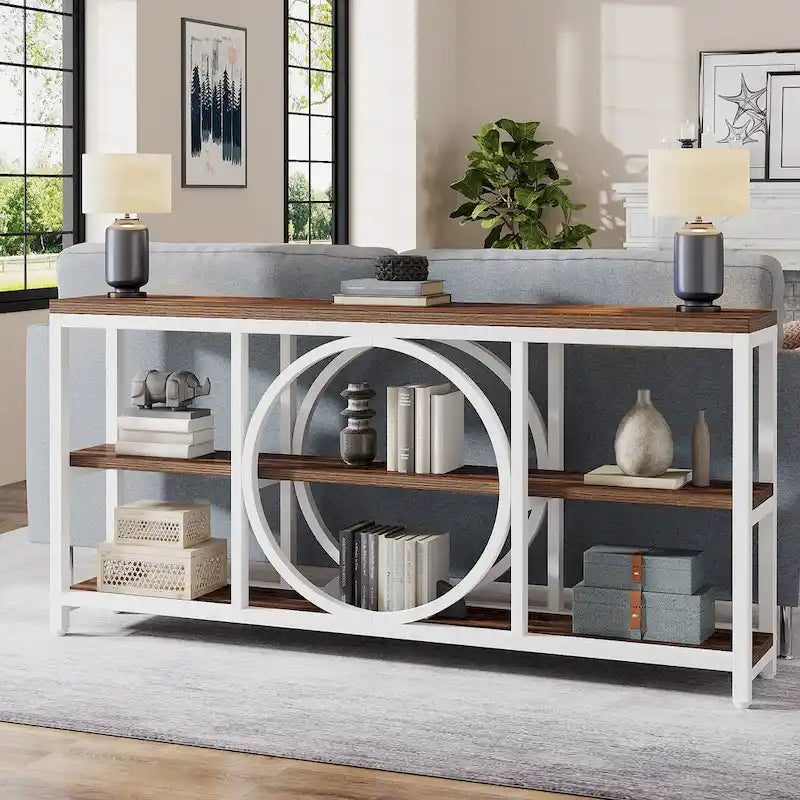 70.9 in. Industrial Sofa Console Table 3-Tier Shelves Circle Metal Frame Grey Brown Walnut White