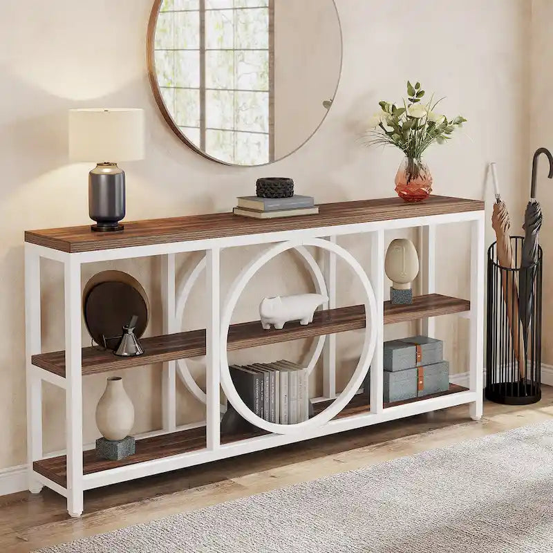70.9 in. Industrial Sofa Console Table 3-Tier Shelves Circle Metal Frame Grey Brown Walnut White