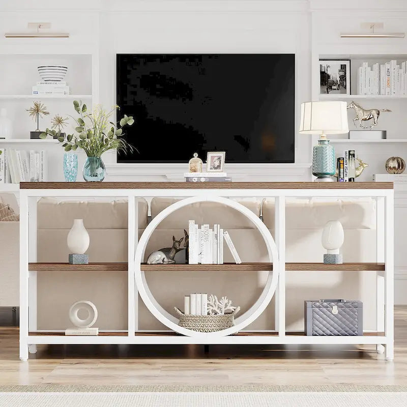 70.9 in. Industrial Sofa Console Table 3-Tier Shelves Circle Metal Frame Grey Brown Walnut White