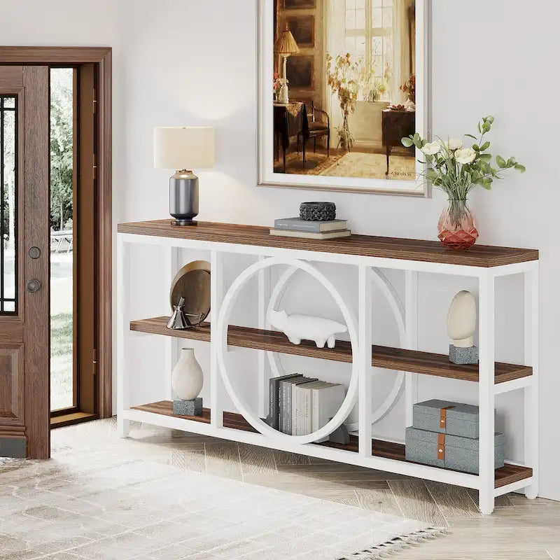 70.9 in. Industrial Sofa Console Table 3-Tier Shelves Circle Metal Frame Grey Brown Walnut White