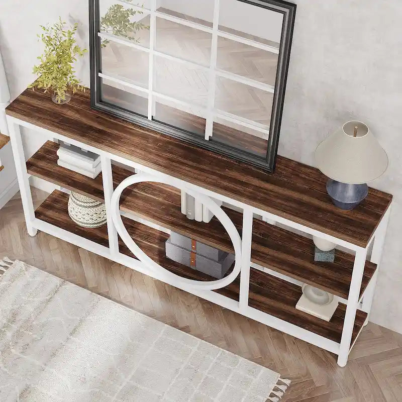 70.9 in. Industrial Sofa Console Table 3-Tier Shelves Circle Metal Frame Grey Brown Walnut White