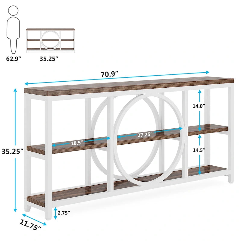 70.9 in. Industrial Sofa Console Table 3-Tier Shelves Circle Metal Frame Grey Brown Walnut White