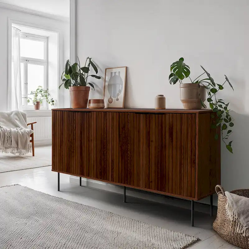 Fluted Sideboard Buffet Cabinet Engineered Wood Black Metal Legs Adjustable Shelves Black