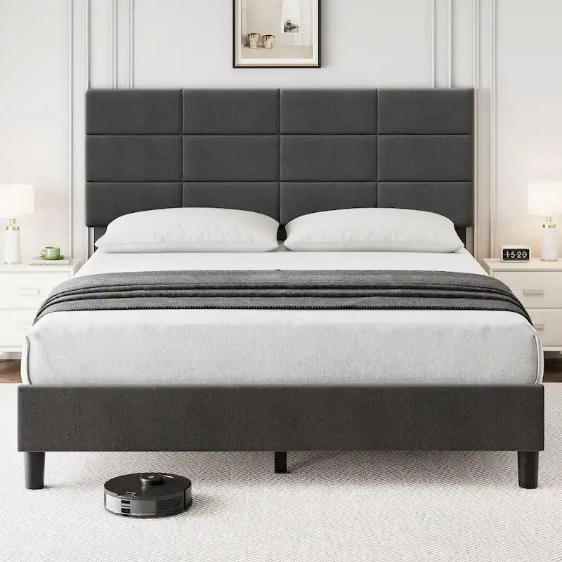 Struttura letto a piattaforma rivestita in lino, testiera trapuntata a griglia, portata di 700 lb, 12 doghe, singolo, matrimoniale, queen, king