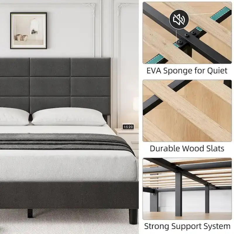 Linen Upholstered Platform Bed Frame Grid Tufted Headboard 700 lb 12 Slats Twin Full Queen King