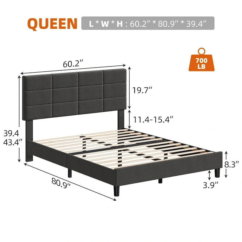 Struttura letto a piattaforma rivestita in lino, testiera trapuntata a griglia, portata di 700 lb, 12 doghe, singolo, matrimoniale, queen, king