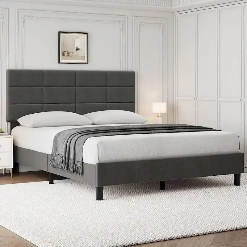 Struttura letto a piattaforma rivestita in lino, testiera trapuntata a griglia, portata di 700 lb, 12 doghe, singolo, matrimoniale, queen, king